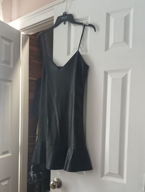 Olivaceous Black Faux Leather Mini Slip Dress with Ruffle Hem